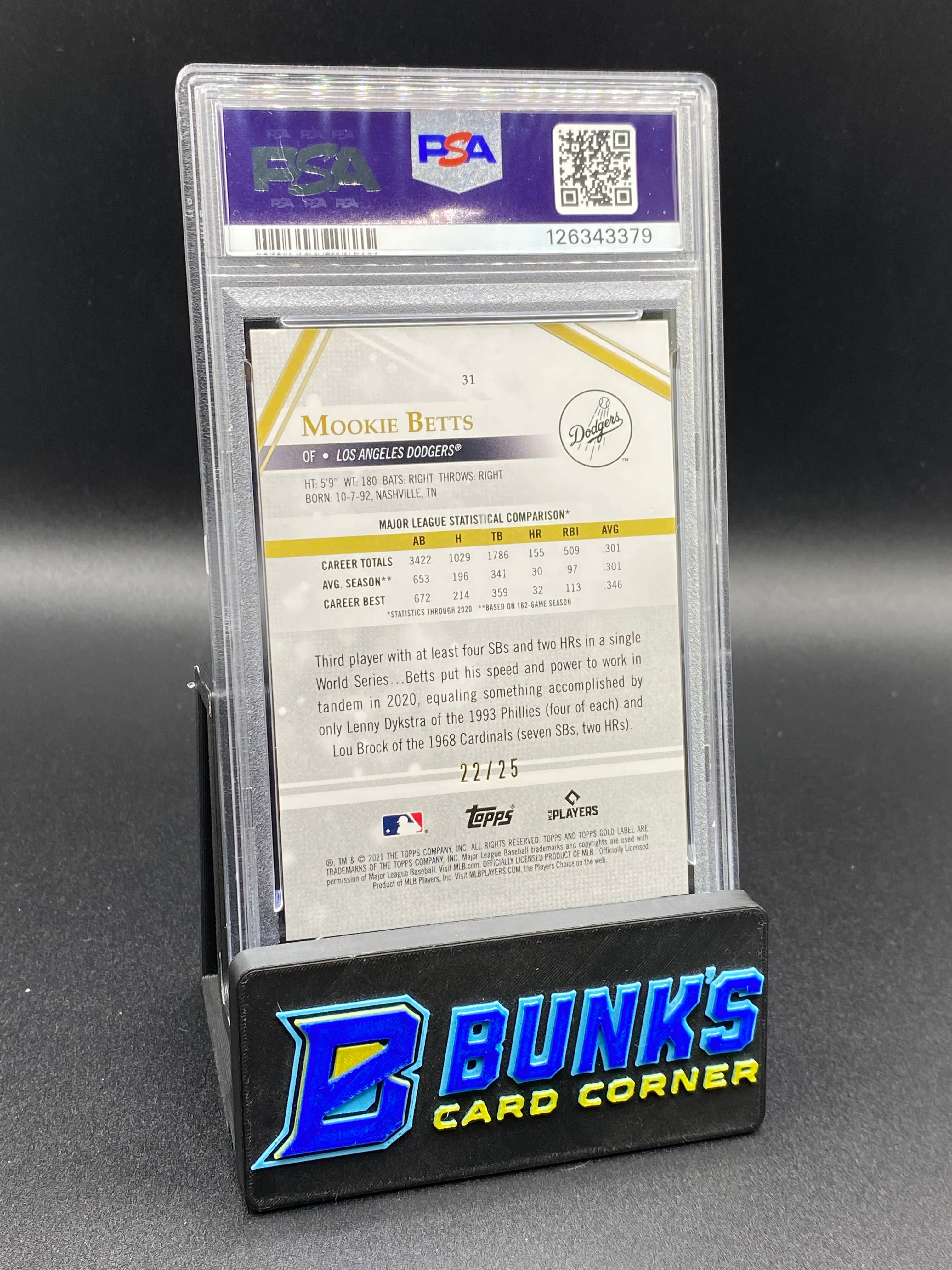 2021 Mookie Betts Class 3 Red Gold Label 22/25 PSA 9 - Image 2