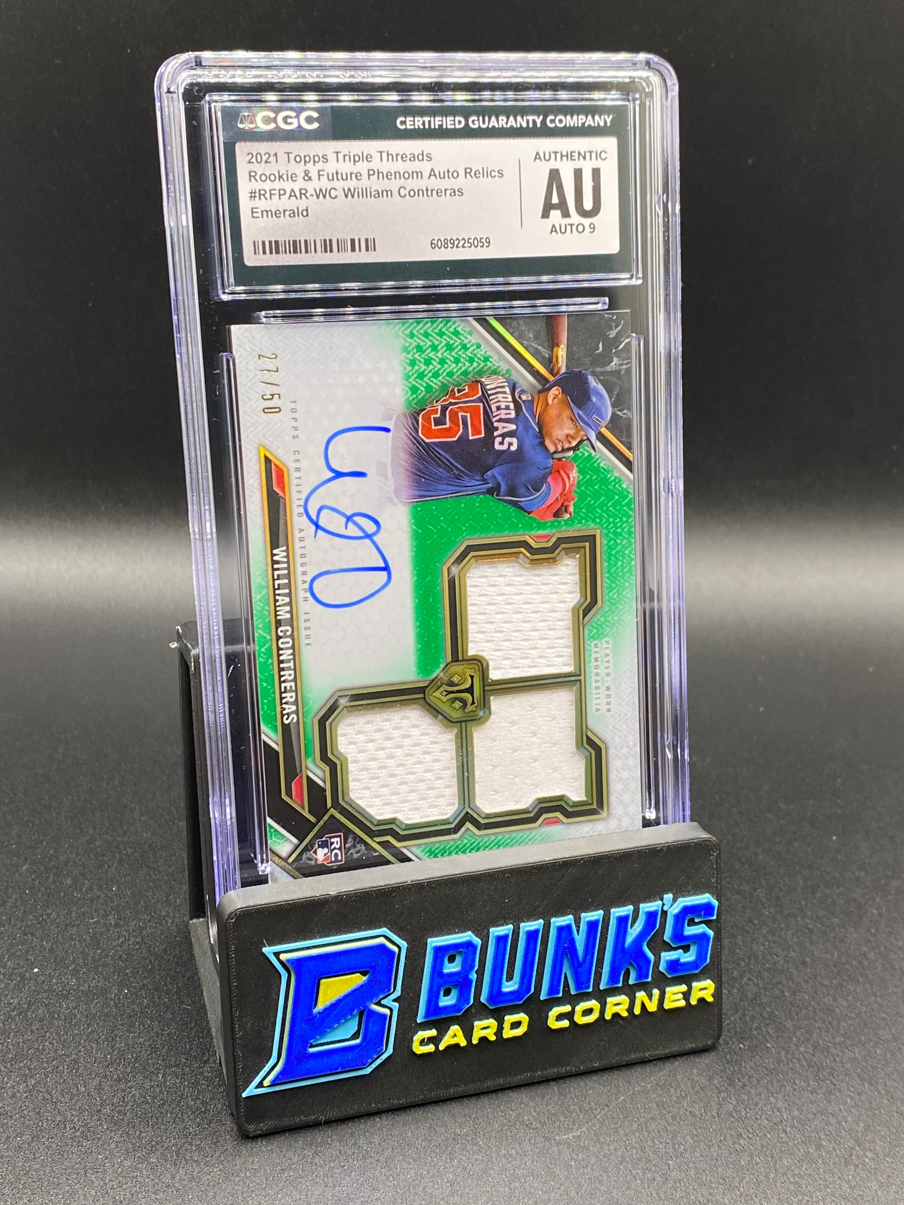 2021 William Contreras Patches Auto 27/50 Emerald CGC Authentic Auto 9